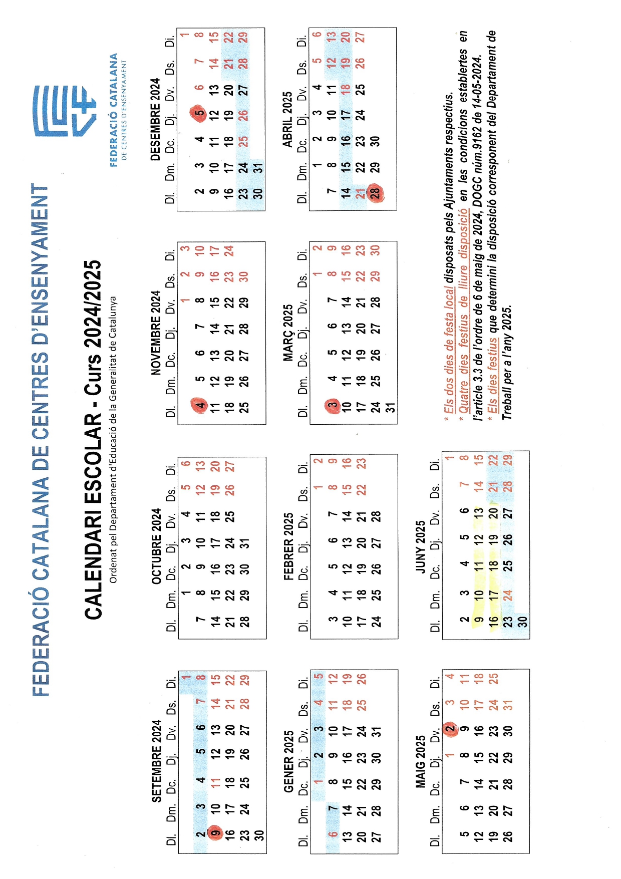 Calendari curs 2024 25
